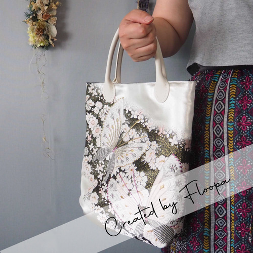 一点物】着物帯リメイク｜蝶と花模様のミニトートバッグ ハンドバッグ