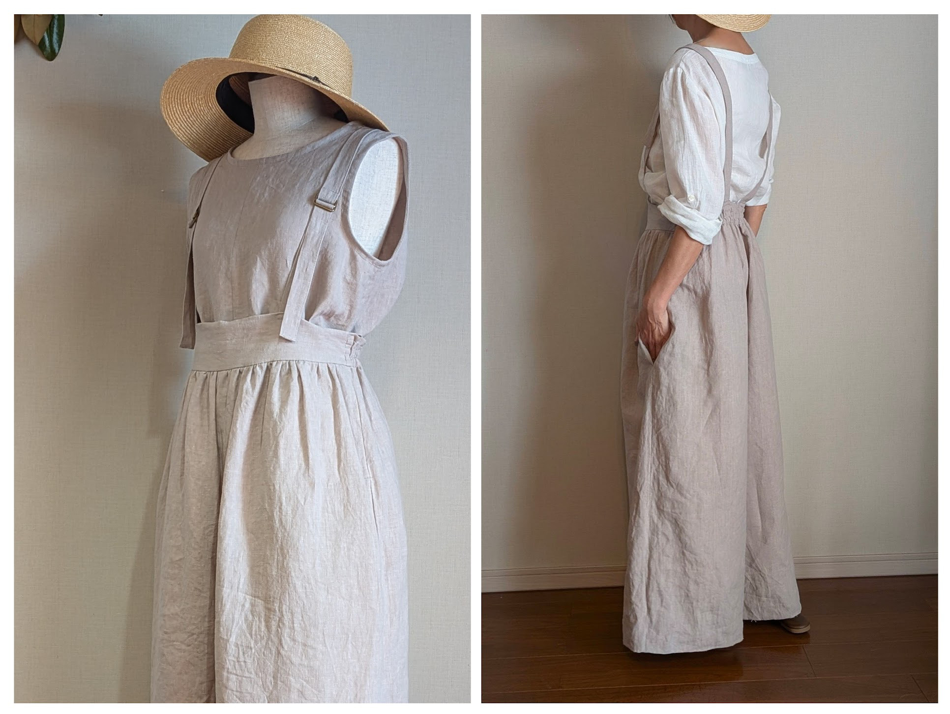 フレンチリネン ギャザーサロペットパンツ_グレージュ