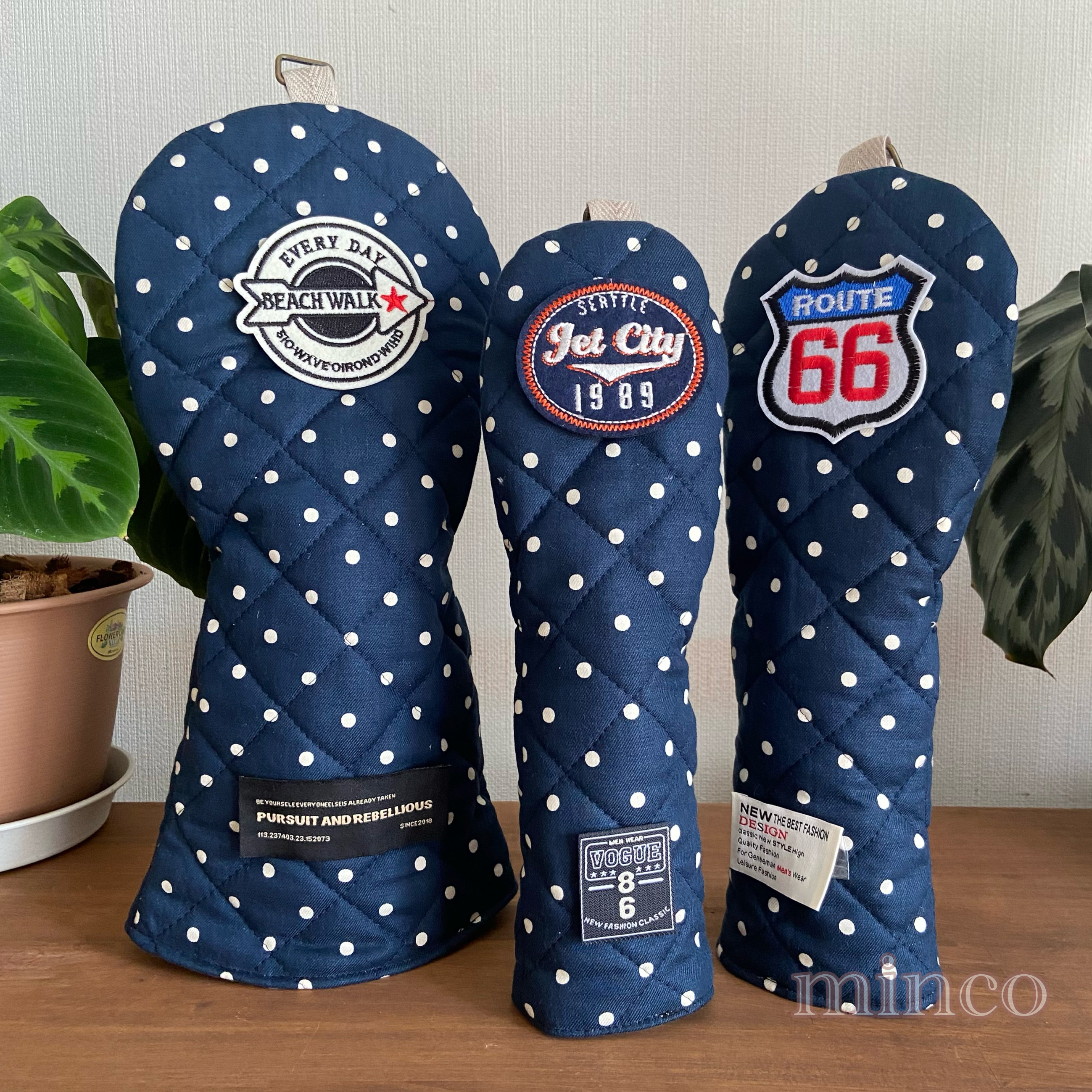 受注制作★ゴルフベッドカバー3点セット(ドット柄アメカジワッペン)