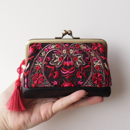 インドアンティーク印象 インド/インド刺繍 親子がま口財布・小物入れ インド刺繍と牛革