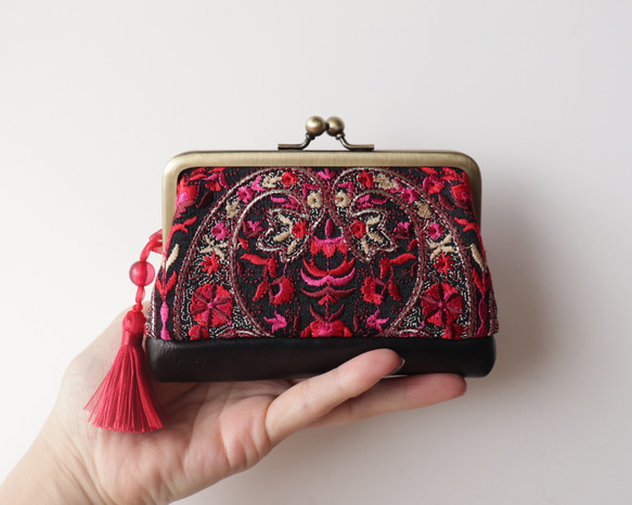 インド/インド刺繍 親子がま口財布・小物入れ インド刺繍と牛革レザー