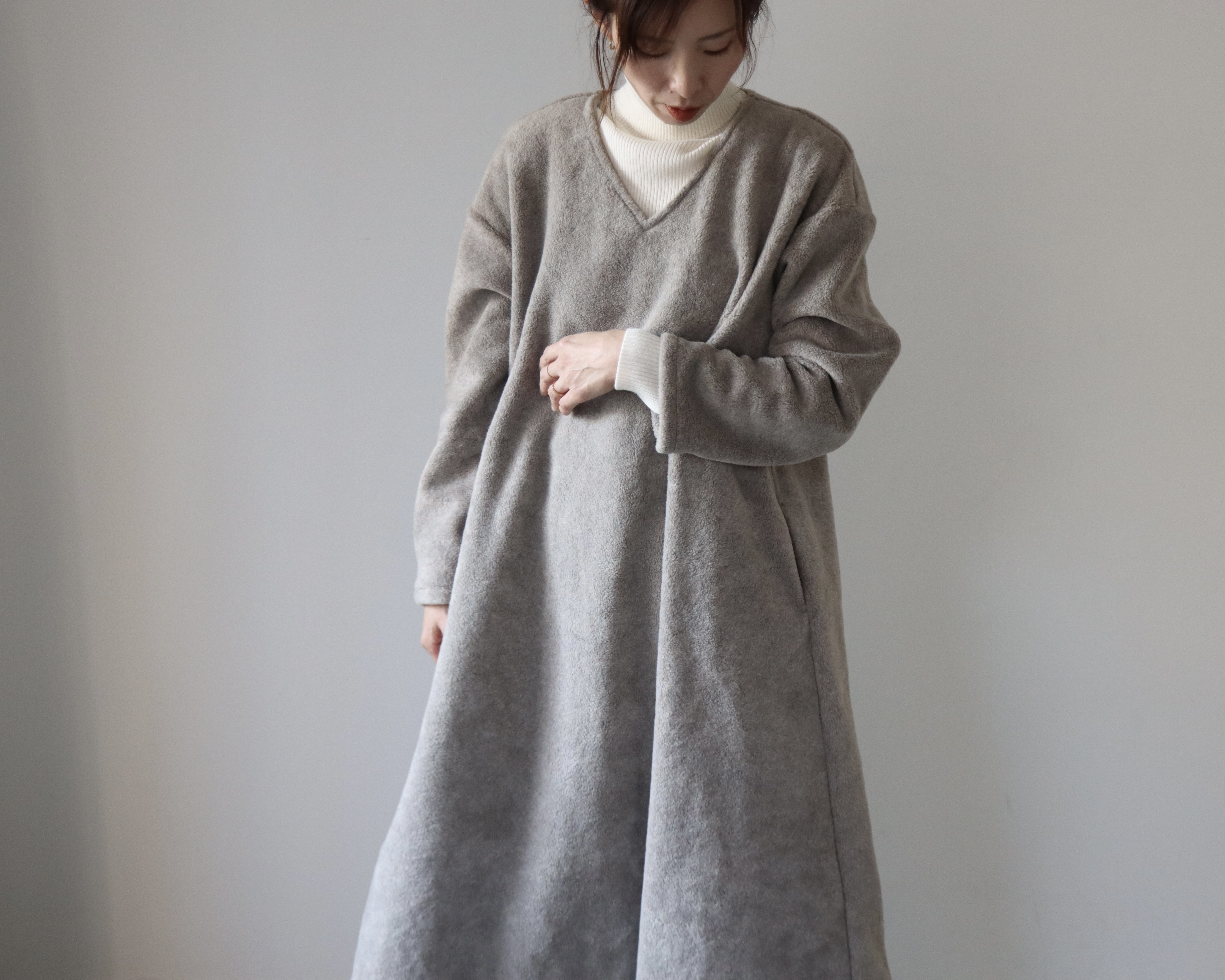 高級メルトンフリースリラックスワンピース／メルトンフリースワンピース／モコモコルームウェア／グレージュ