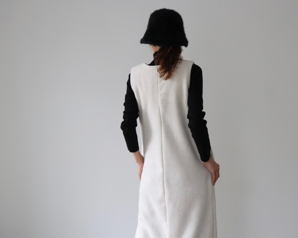 冬のモコモコ高級メルトンフリースワンピース／スラッシュネックワンピース／メルトンジャンパースカート／生成り 5枚目の画像