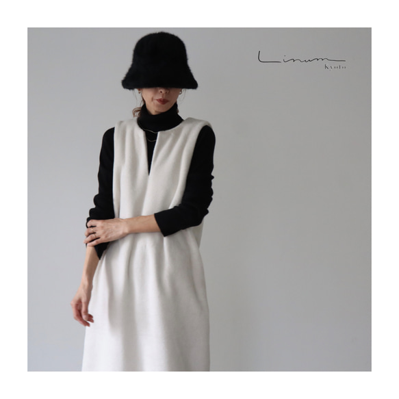 冬のモコモコ高級メルトンフリースワンピース／スラッシュネックワンピース／メルトンジャンパースカート／生成り 3枚目の画像