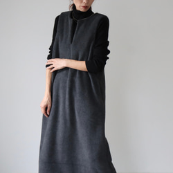 冬のモコモコ高級メルトンフリースワンピース／スラッシュネックワンピース／メルトンジャンパースカート／チャコール 10枚目の画像