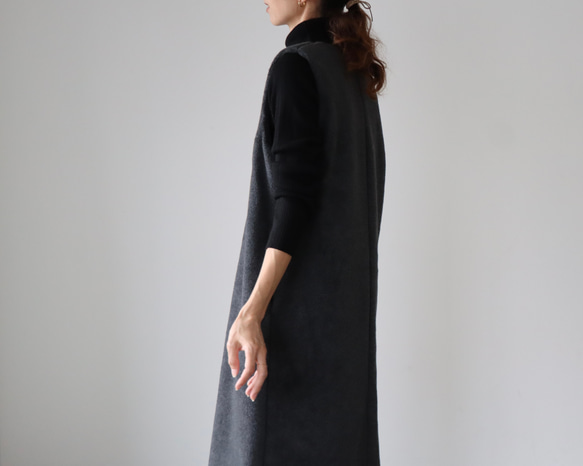 冬のモコモコ高級メルトンフリースワンピース／スラッシュネックワンピース／メルトンジャンパースカート／チャコール 7枚目の画像