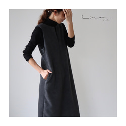 冬のモコモコ高級メルトンフリースワンピース／スラッシュネックワンピース／メルトンジャンパースカート／チャコール 3枚目の画像