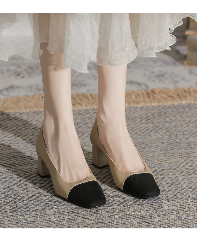 羊皮綴色小香風粗踵単靴春秋2024新型母靴中瓢靴フランスハイヒール