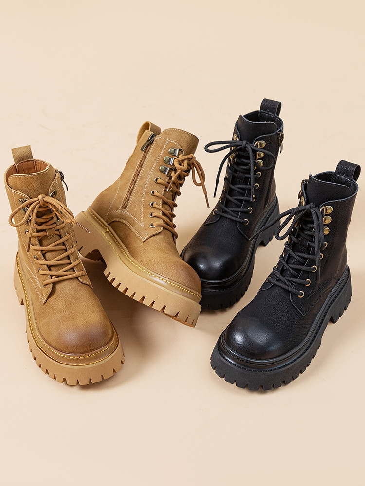 マーティン靴女2025春秋新モデル英倫風超火本革加絨短靴内増高厚底机車単靴