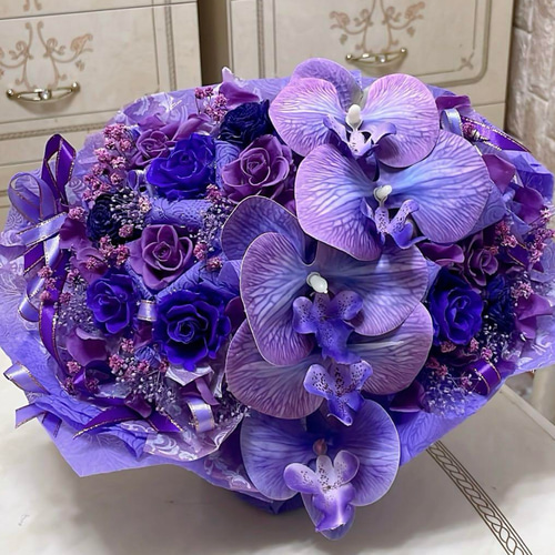 ✨大人気✨紫バラミックスプリザ＆胡蝶蘭（アーティシャルフラワー）アレンジメント✨ 送料無料、ラッピング込み】✨大人気✨紫バラミックスプリザ＆胡蝶蘭