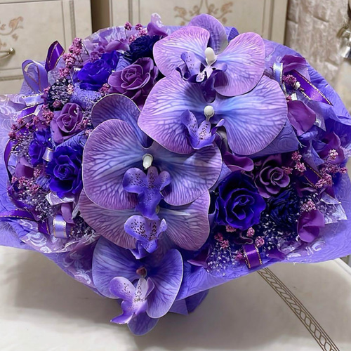 送料無料、ラッピング込み】✨大人気✨紫バラミックスプリザ＆胡蝶蘭