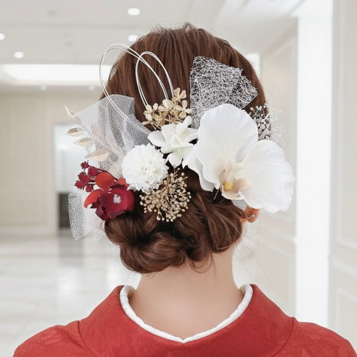 胡蝶蘭 白 赤 ゴールド 花 ヘアアクセサリー 結婚式 成人式 卒業式 ⑳