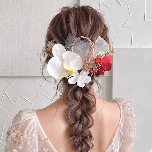胡蝶蘭 白 赤 ゴールド 花 ヘアアクセサリー 結婚式 成人式 卒業式 ⑳