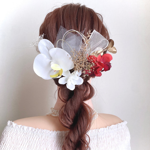 胡蝶蘭 白 赤 ゴールド 花 ヘアアクセサリー 結婚式 成人式 卒業式 ⑳