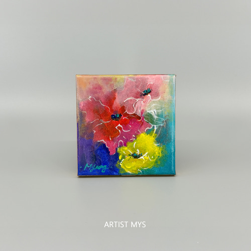 絵画　アクリル画　アート　インテリア　雑貨 ポピーの原画｜鮮やかなアクリル絵 12×12cm｜小さなインテリアアート