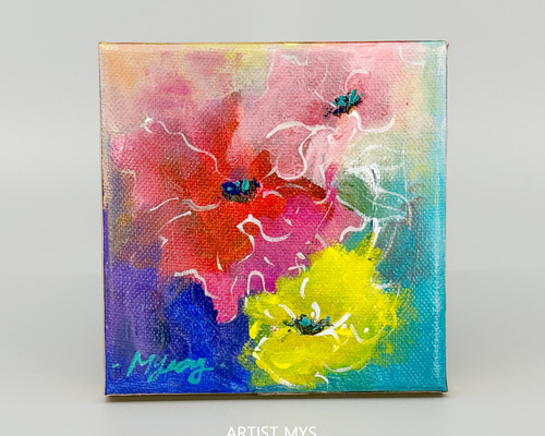 ポピーの原画｜鮮やかなアクリル絵 12×12cm｜小さなインテリアアート