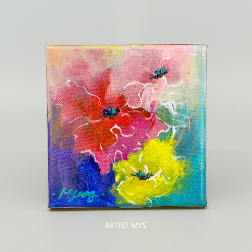 ポピーの原画｜鮮やかなアクリル絵 12×12cm｜小さなインテリアアート