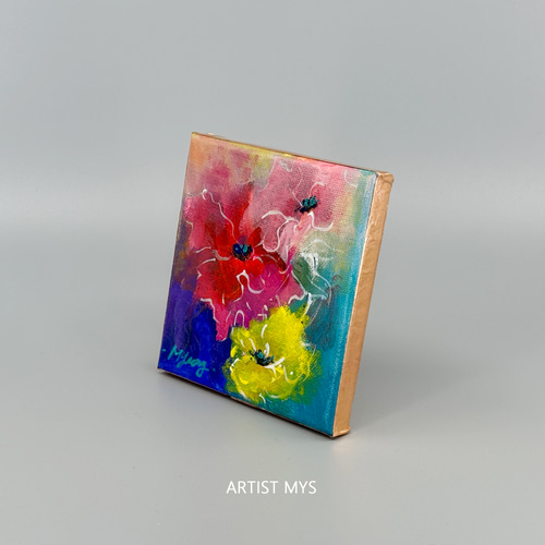 ポピーの原画｜鮮やかなアクリル絵 12×12cm｜小さなインテリアアート