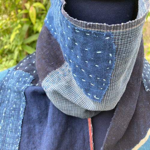 971 襤褸 ストール 古布 リメイク 藍染 藍染め 筒描き パッチワーク