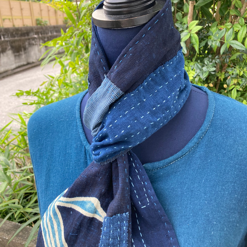 971 襤褸 ストール 古布 リメイク 藍染 藍染め 筒描き パッチワーク