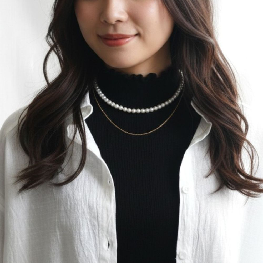 ＊淡水パールとサージカルステンレスチェーンのレイヤードネックレス＊上品にもカジュアルにも＊金アレ対応