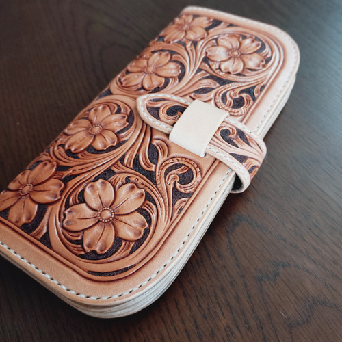 長財布 レザーカービング 桜 ロングウォレット 長財布 王様とゆかいな