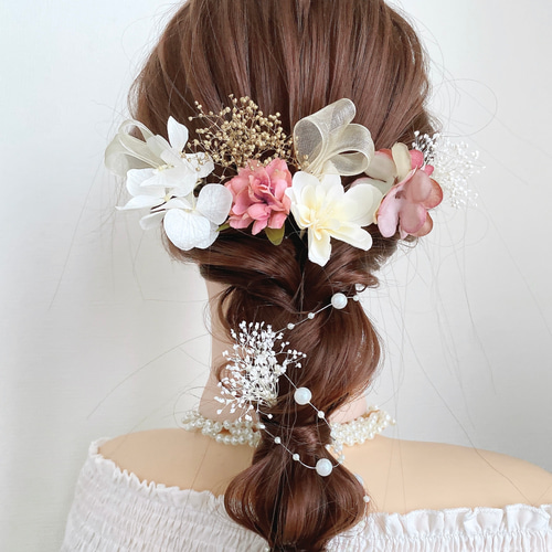 小花 サテンリボン ツインテール お呼ばれ 結婚式 発表会 髪飾り ㉑