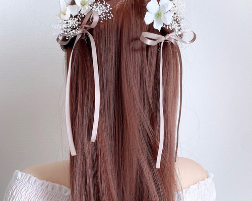 小花 サテンリボン ツインテール お呼ばれ 結婚式 発表会 髪飾り