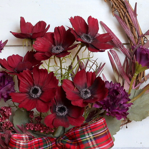 秋の大人かわいいリース》チョコレートコスモス＆タータンチェック