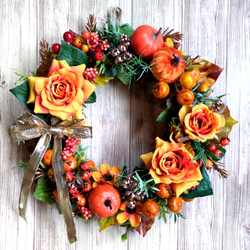 コスモスとリボンの秋リース☆ハロウィンリース☆玄関リース☆アーティ