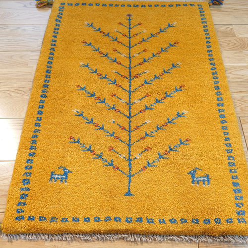 ペルシャ ギャッベ 玄関マット ラグ 84x62cm 黄金色 生命の木 RJ7980
