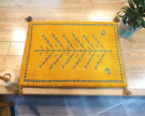 ペルシャ ギャッベ 玄関マット ラグ 84x62cm 黄金色 生命の木 RJ7980