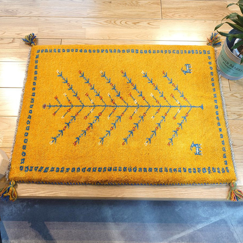 ペルシャ ギャッベ 玄関マット ラグ 84x62cm 黄金色 生命の木 RJ7980