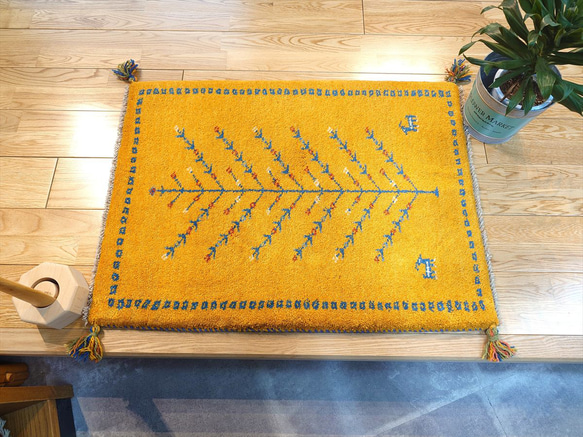 ペルシャ ギャッベ 玄関マット ラグ 84x62cm 黄金色 生命の木 RJ7980