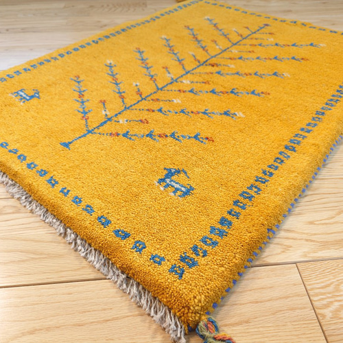 ペルシャ ギャッベ 玄関マット ラグ 84x62cm 黄金色 生命の木 RJ7980