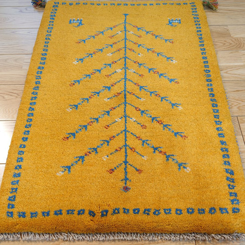 ペルシャ ギャッベ 玄関マット ラグ 84x62cm 黄金色 生命の木 RJ7980