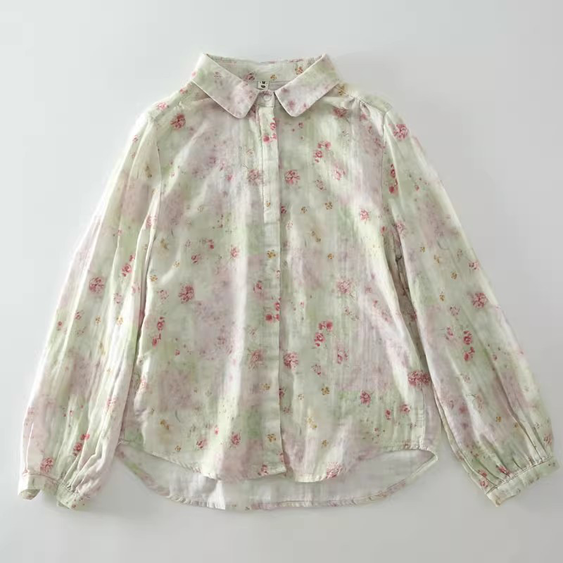 コットン100％ ダブルガーゼ 小花柄 長袖プリントブラウス 大人可愛い 春秋