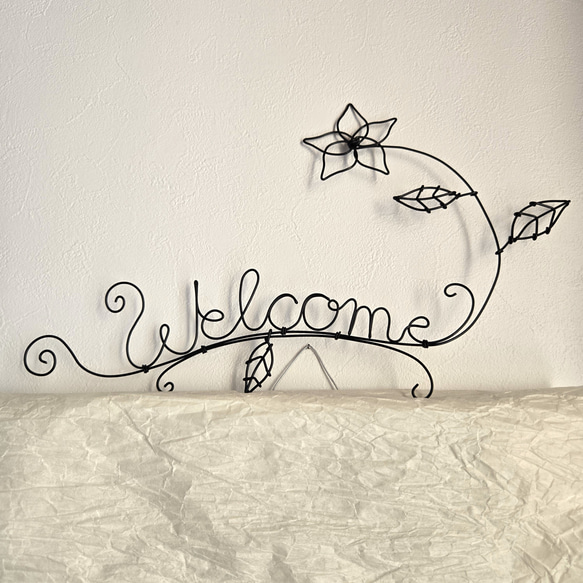 ワイヤーアート 壁飾り 【 Welcome 】 プルメリア 飾り ウォールデコ インテリア フラワー 花 店内装飾 雑貨 1枚目の画像