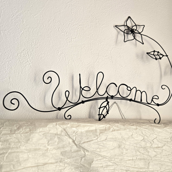ワイヤーアート 壁飾り 【 Welcome 】 プルメリア 飾り ウォールデコ インテリア フラワー 花 店内装飾 雑貨 2枚目の画像