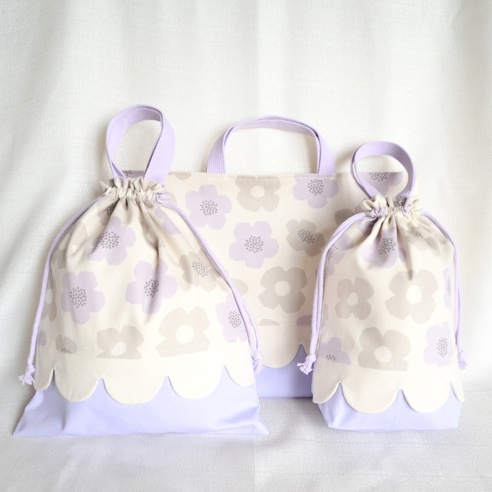 【受注制作】入園・入学準備　3点セット　ゆめかわパープル　北欧調花柄　フリル　サイズオーダー可