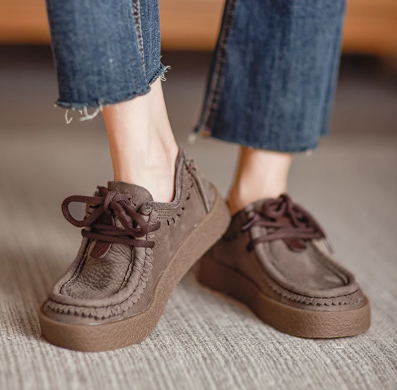 春と秋の頭層牛革深口単靴女レトロ手作り厚底カジュアルカンガルー靴丑萌大頭婦人靴