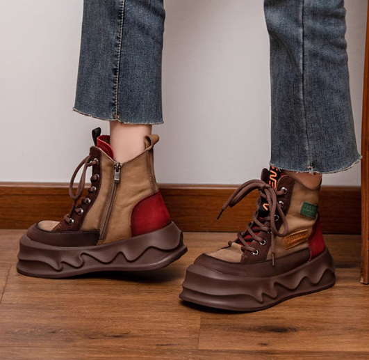 秋冬本革厚底マーチンブーツ女レトロカラーハイカットカジュアルシューズ小人数デザイン感牛革ショートブーツ