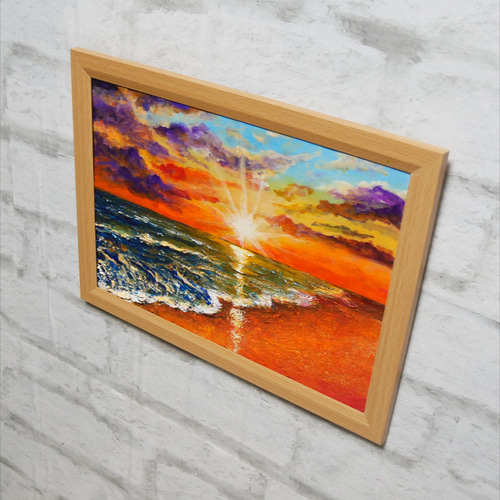 油絵 油彩 油彩画 絵 絵画 【夕陽に染まる海】A4 絵画 HR 通販