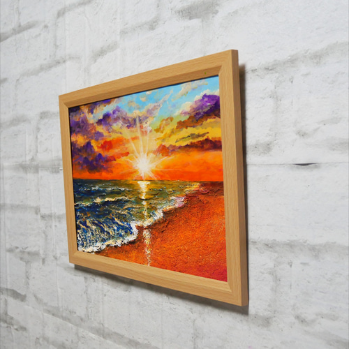 油絵 油彩 油彩画 絵 絵画 【夕日に染まる海】A4