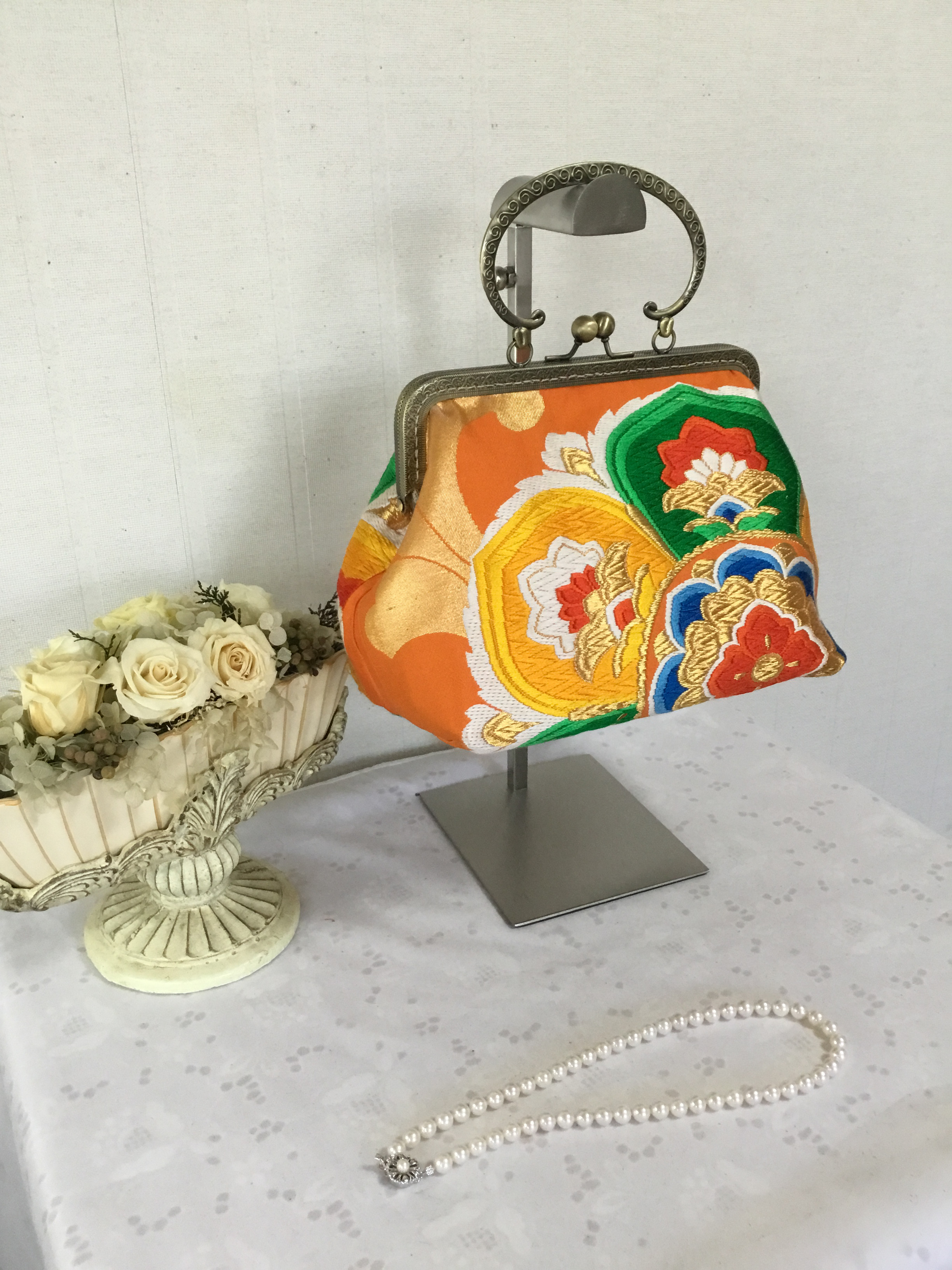 花ぷらら・オリジナル・ぷっくりがま口バック・ハンドメイド・リメイク・帯・カバン・2Way・ちょっと小さめ・451