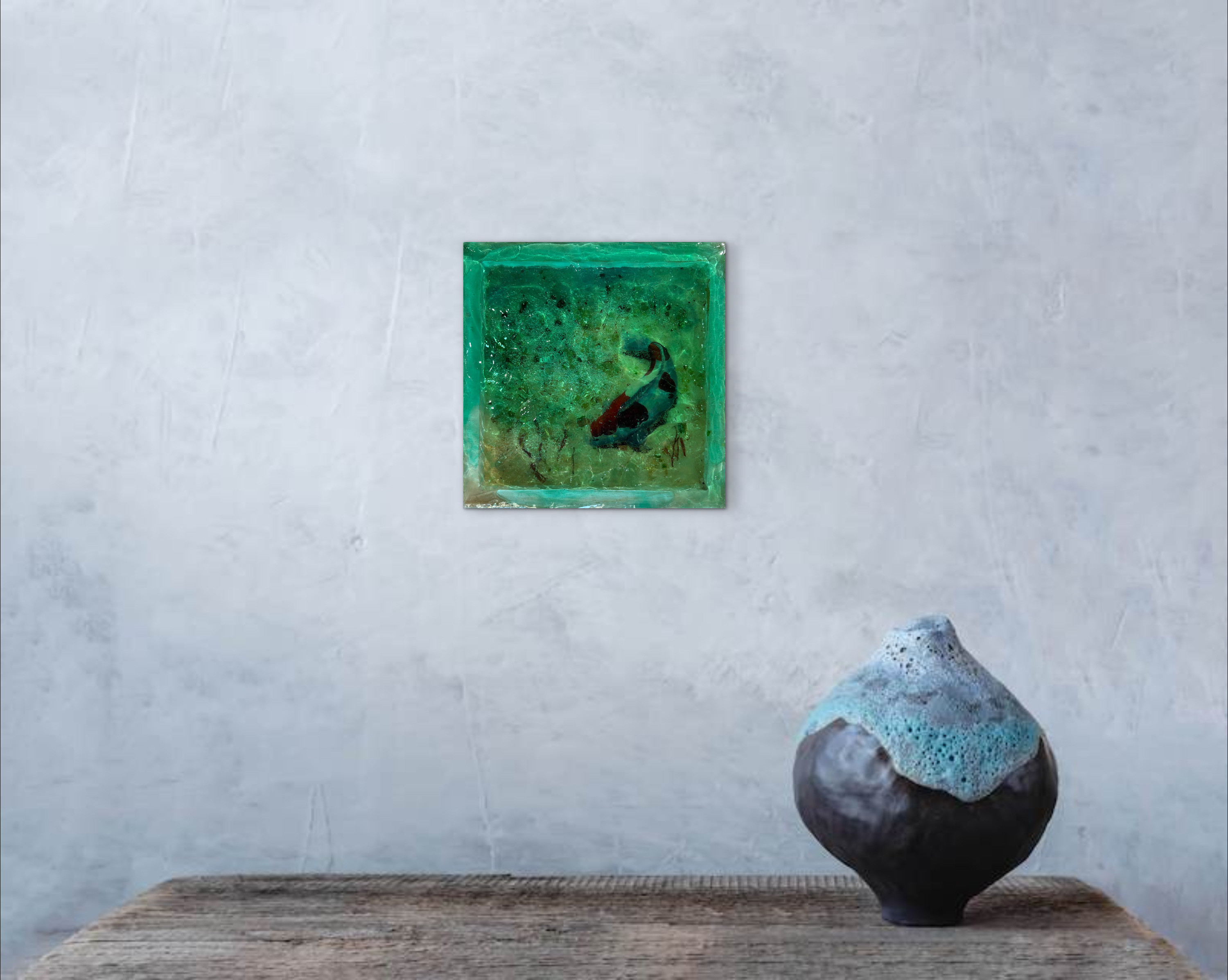 Yuji hamamura現画販売　アートパネル  水面　NO.51 鯉　グリーン　20×20cm 濵村裕二