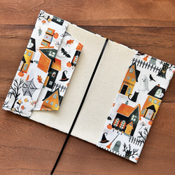 【文庫】おばけの館ブックカバー　布　ハロウィン　ジャックオランタン　かぼちゃ　ネコ 3枚目の画像