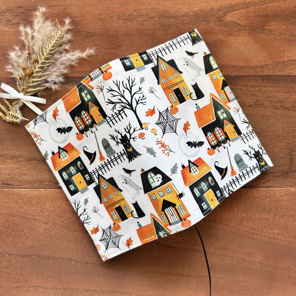 【文庫】おばけの館ブックカバー　布　ハロウィン　ジャックオランタン　かぼちゃ　ネコ 1枚目の画像