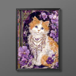 絵画。壁掛け絵原画手描き【満開の花の中のかわいい花猫】 絵画