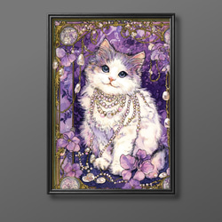絵画。原画【手の中の紫色のアサガオ、かわいい黒猫とウサギ】 絵画 | イラストポスター 141☆ 【黒猫はきれいな紫色のリボンを